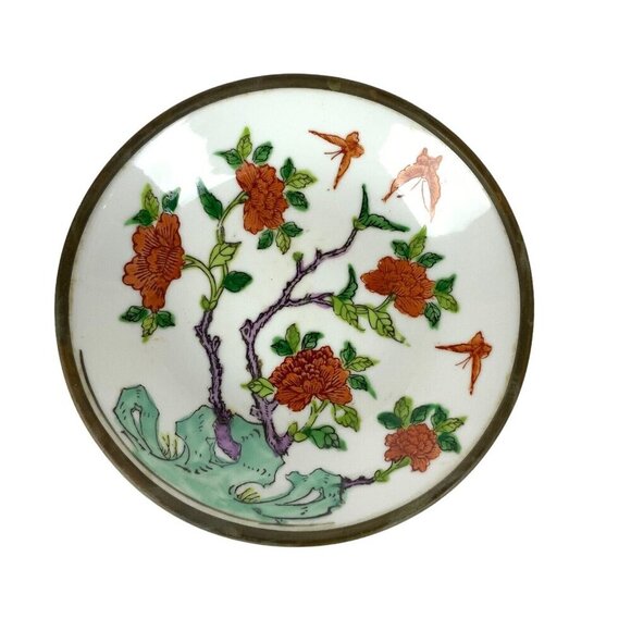Japanese Porcelain Ware Floral Bowl Wide Hand Painted & Brass Clad Hong Kong - Picture 1 of 4
